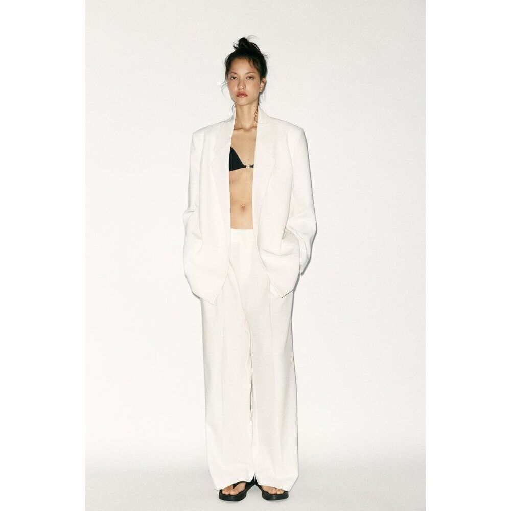 Zara Womens Oversized Blazer M L White Lapel Collar Shoulder Pads 5063/729 NWT